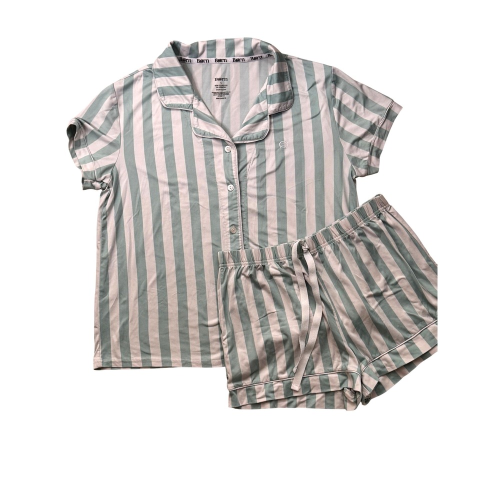 Born Womens Pajama Set Sage Green White Striped Short Sleeve Shorts Size L